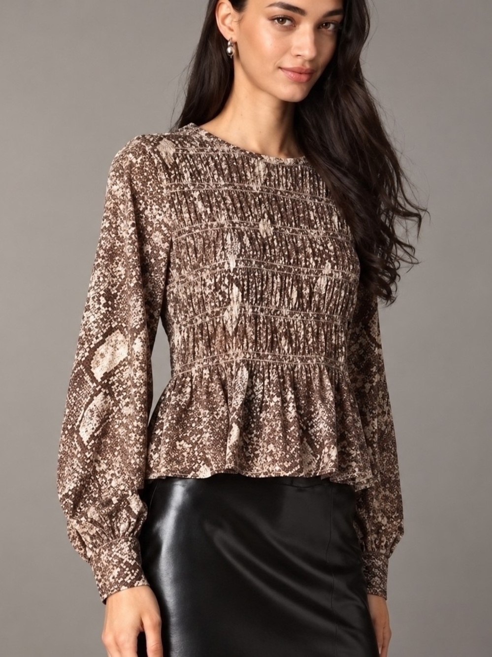 Pilcro by Anthropologie Snake Print Smocked Peplum Top XS